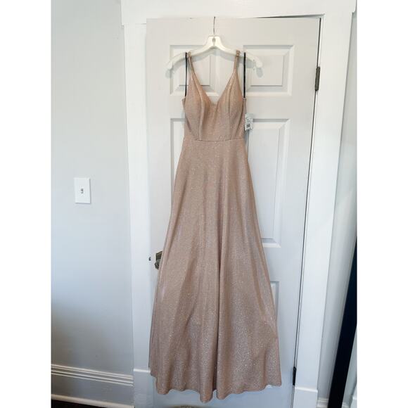 David's Bridal Speechless Gold Glitter Spaghetti Strap Gown Size 3 - Picture 10 of 11
